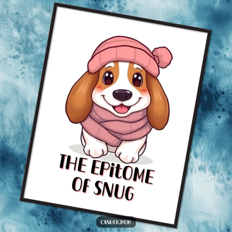 Funny Basset Hound Digital Art Print: A smiling hound in a winter scarf and toque, capturing cozy charm and humor.