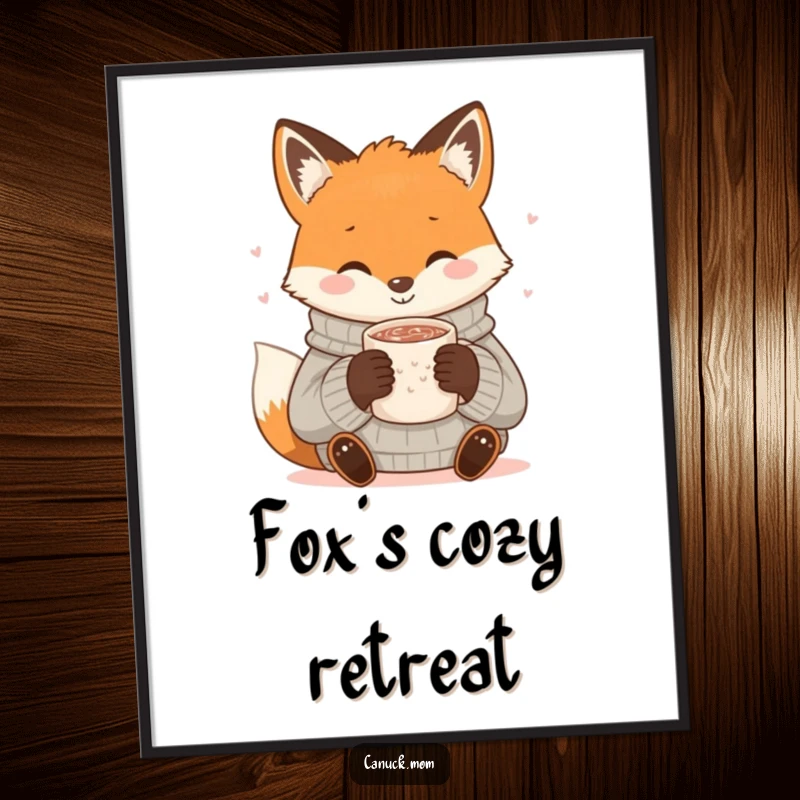 Funny Fox Cocoa Digital Art Print: A smiling fox in a cozy sweater sips hot cocoa, conveying adorable warmth.