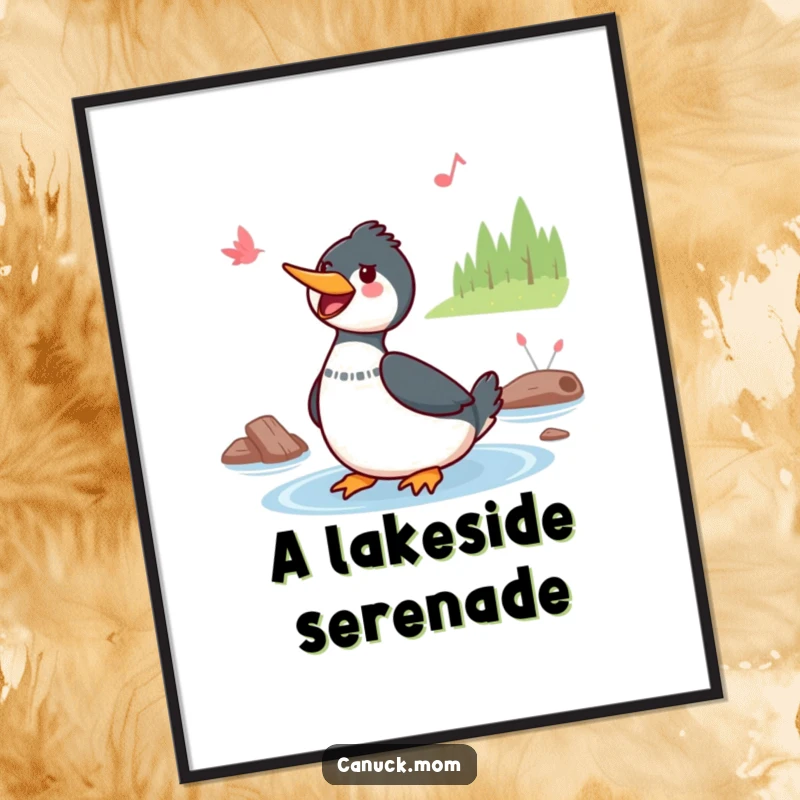 Funny Kawaii Loon Digital Art Print: A cute Kawaii loon sings a cheerful tune by a lake, creating a heartwarming and melodic piece of wall art.