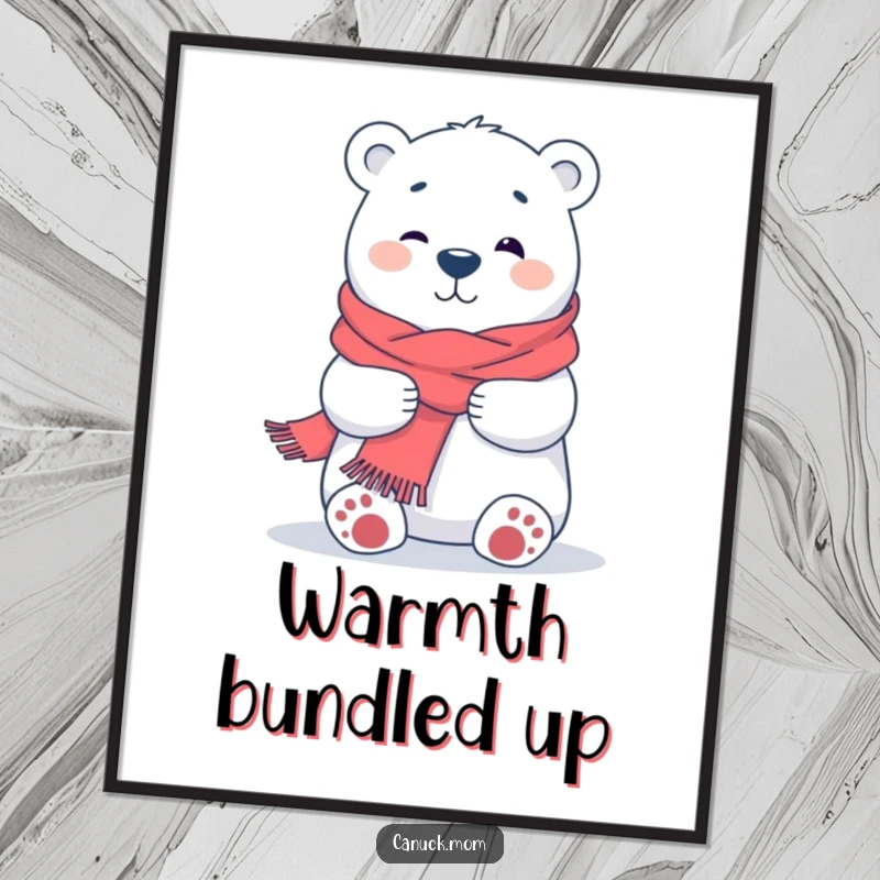 Funny Polar Bear Hug Digital Art Print, printable art of a smiling cartoon polar bear with a scarf, offering a hug, cozy arctic theme.