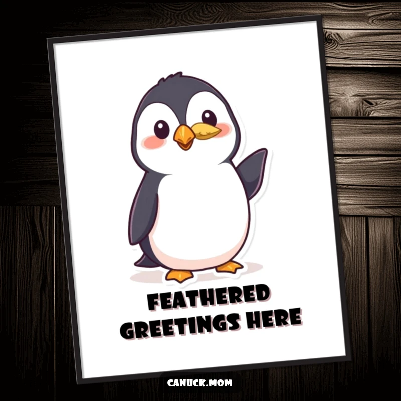 Funny puffin digital art print of a polite bird wearing a small feather and giving a friendly nod, downloadable art for charming decor.