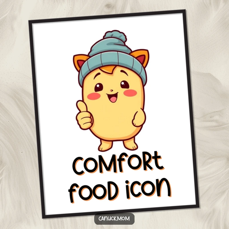 Funny poutine character wearing a beanie, giving a thumbs up, as downloadable art.