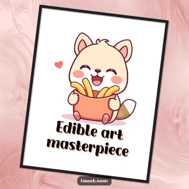 Funny digital art print of an animal character smiling widely while holding a delicious poutine. Instant humorous wall decor gift.