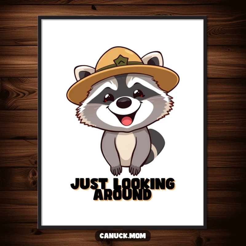 Funny digital art print of a grinning raccoon in a park ranger hat, looking curiously, offering instant woodland humor.