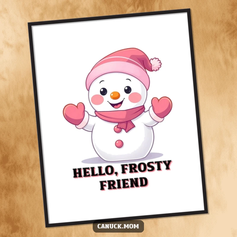 Funny Snowman Digital Art Print of a happy, small snowman character wearing mittens and waving hello, perfect for instant decor and a funny gift.