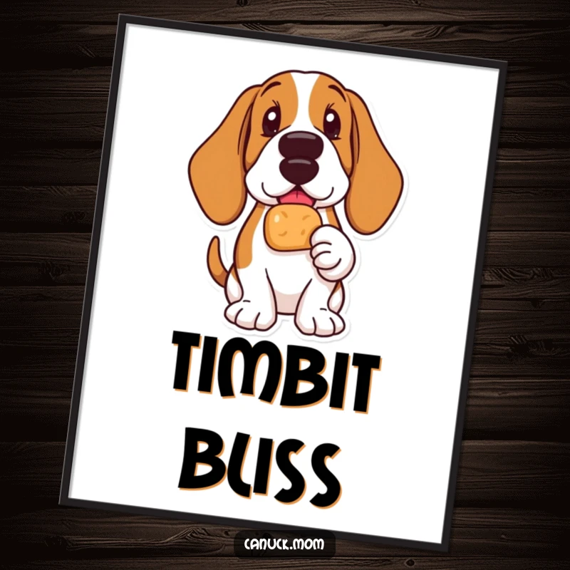 Funny Basset Hound digital art print of a delighted dog holding a Timbit, radiating pure happiness.