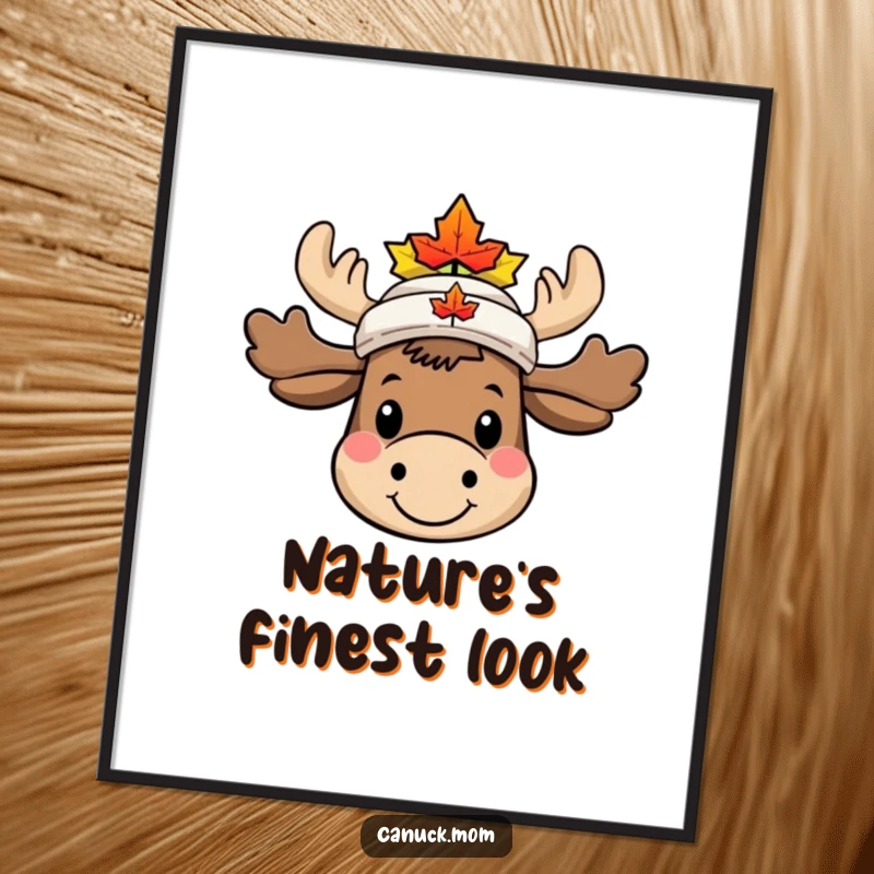 Funny Moose Digital Art Print, smiling character in a tiny maple leaf hat, offering instant Canadian humorous decor.