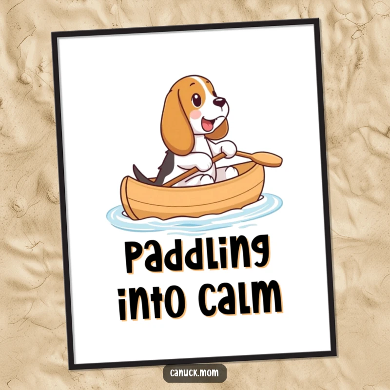 Funny Basset Hound Canoe Digital Art Print: A happy Basset Hound rides contentedly in a miniature canoe, bringing cheer.