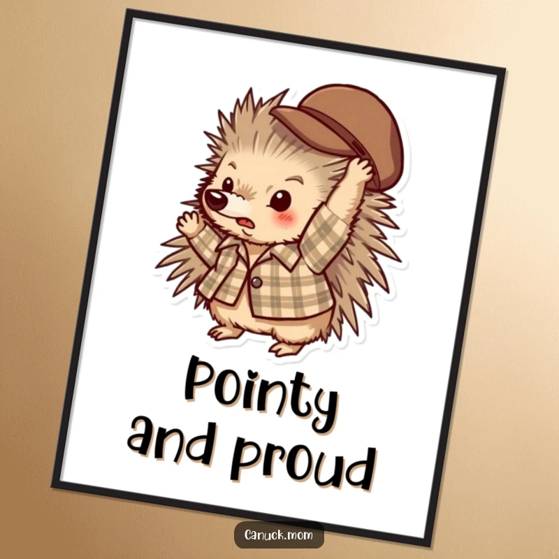 Funny porcupine in a plaid shirt playfully throwing a hat, printable digital art.