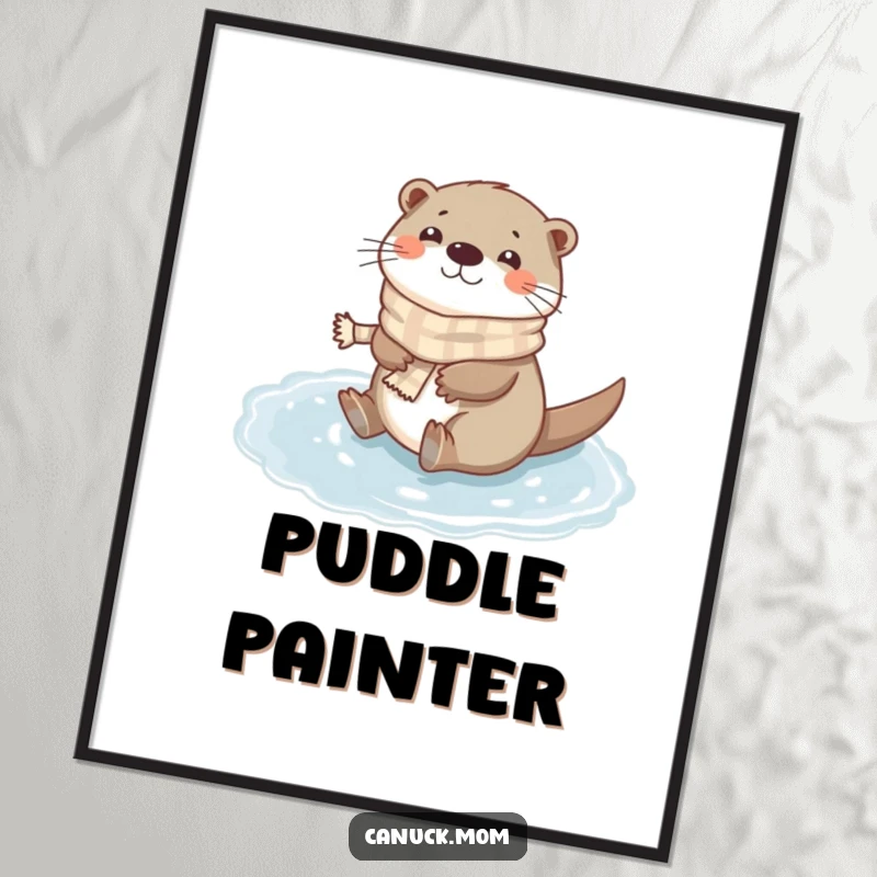 Funny Otter Scarf Digital Art Print: A happy otter wearing a tiny scarf slides on a frozen puddle, ready to hang.