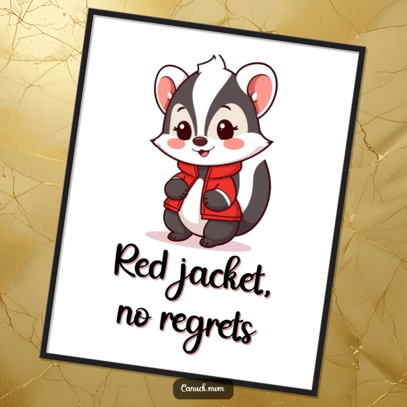 Funny Skunk Digital Art Print in a red jacket, radiating friendliness and charm, perfect for humorous decor.