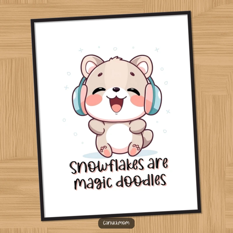 Funny digital art print of an animal in earmuffs, laughing joyfully while catching snowflakes, for instant decor.