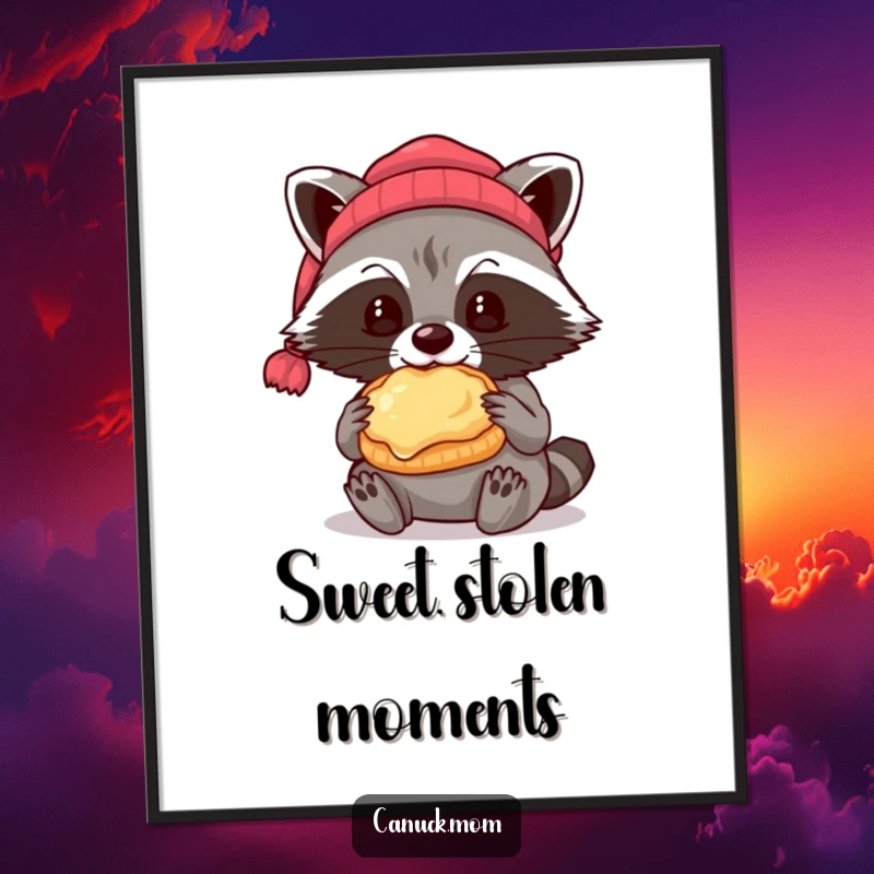 Funny raccoon wearing a beanie eating a butter tart, printable digital art.