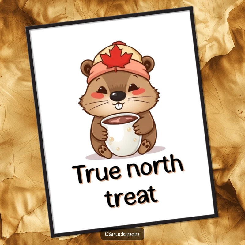 Funny Beaver Digital Art Print: A beaver adorned with a maple leaf toque is shown sipping a mug of hot chocolate.
