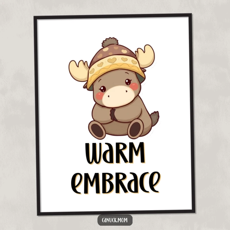 Funny digital art print of an animal character in a toque hugging a moose, perfect for framing.