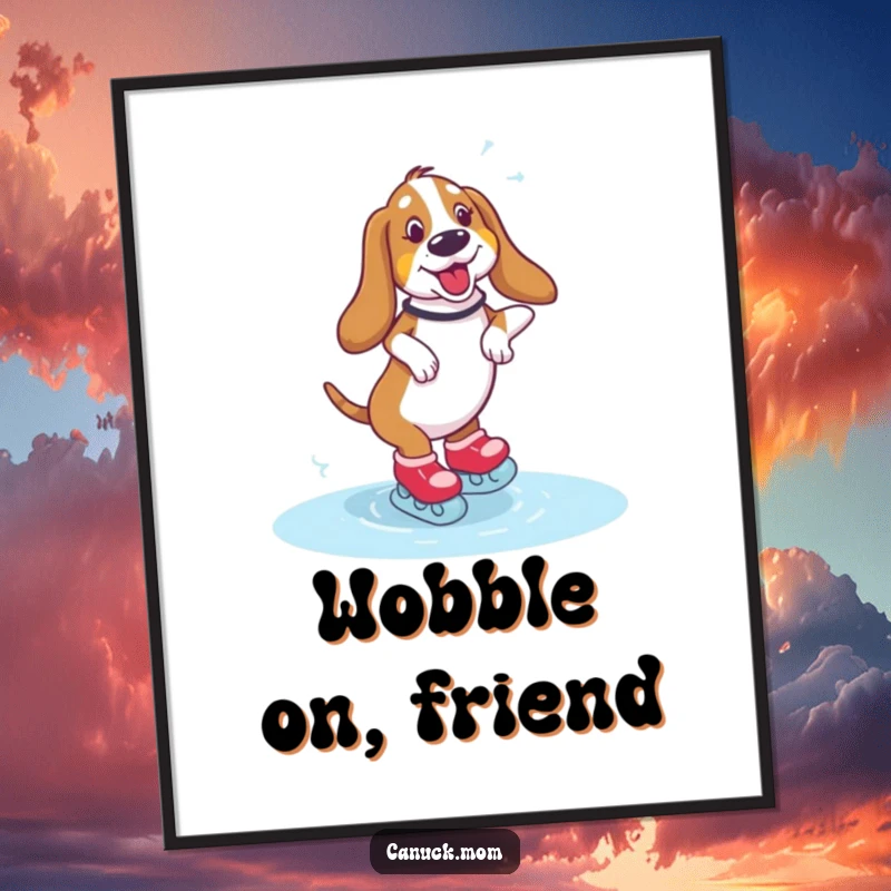 Funny Basset Hound Digital Art Print showing a dog wobbling comically on ice skates, perfect for humorous decor.