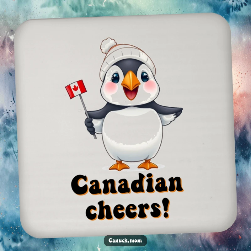 Funny Puffin Canada Drink Coaster: A joyful puffin wearing a tiny toque holds a mini Canadian flag, protecting surfaces.