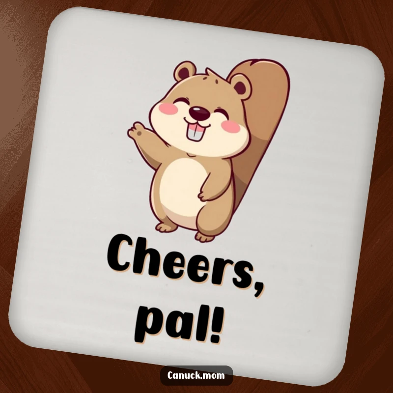 Funny coasters depicting an animal character with a beaver tail, enthusiastically waving hello.