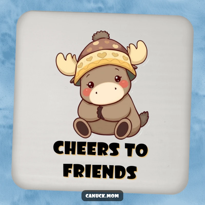 Funny coasters depicting an animal character in a toque hugging a moose, perfect for protecting surfaces.