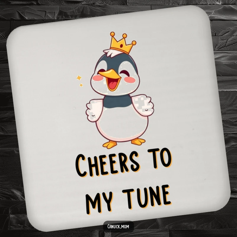 Funny Loon Drink Coasters, each with a small crown, singing a tune, protecting furniture with humorous flair.