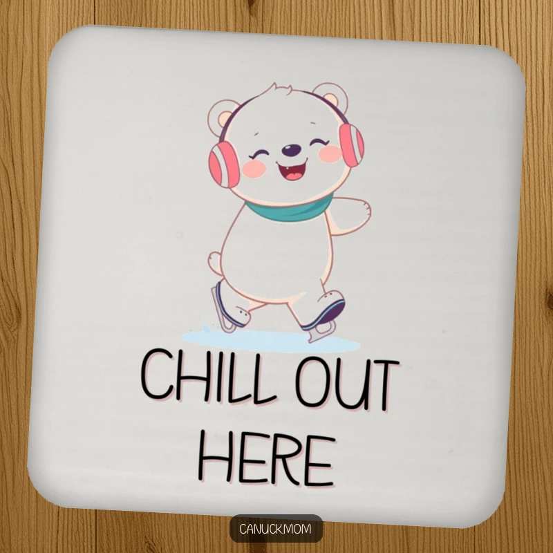 Funny polar bear wearing earmuffs giggling while ice skating, a set of humorous and protective drink coasters.