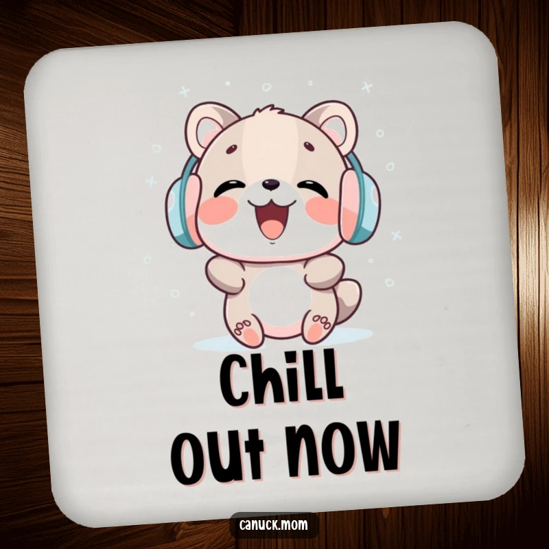 Funny drink coaster with an animal in earmuffs laughing while catching snowflakes, a humorous surface protector.