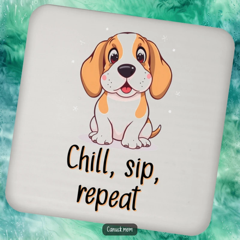 Funny coaster featuring a Basset Hound wearing earmuffs, looking amused by snowflakes, adding a protective and charming touch.