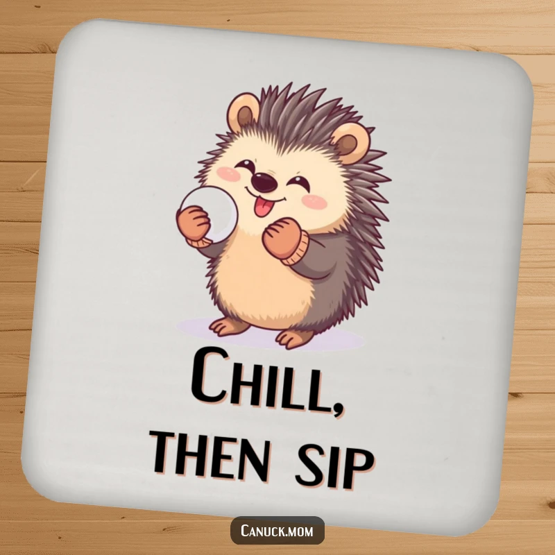 Funny coaster set featuring a happy porcupine in mittens, playfully holding a snowball, adding playful humor.