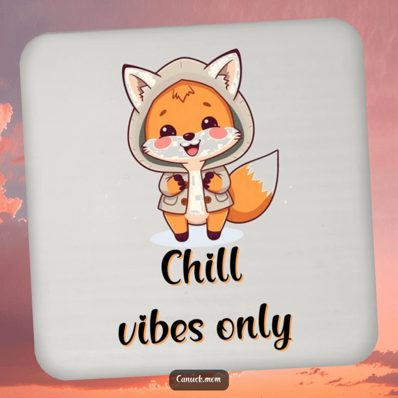 Funny Fox Parka Drink Coaster: A smiling fox in a warm parka playfully chases snowflakes, protecting surfaces with charm.
