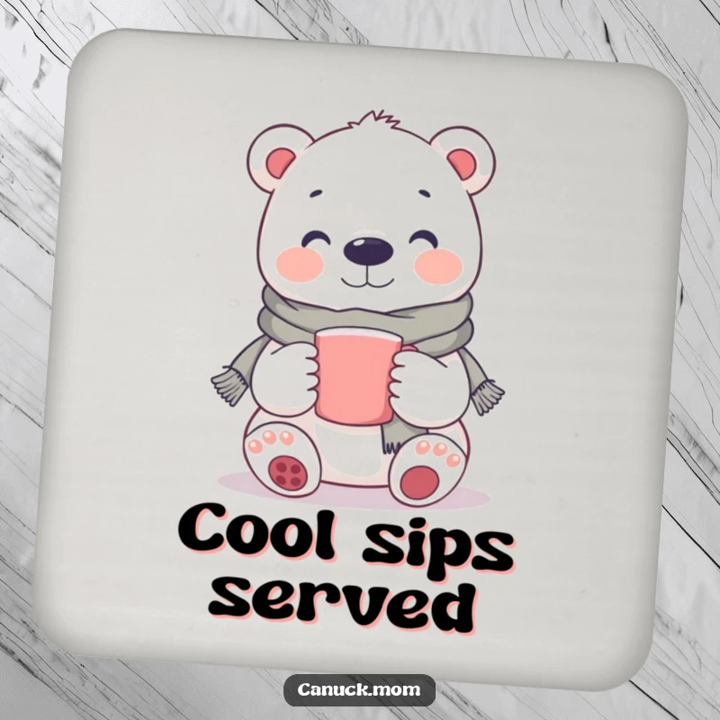 Funny Polar Bear Coaster: A decorative coaster featuring a smiling polar bear in a scarf, holding a mug, for cozy protection.