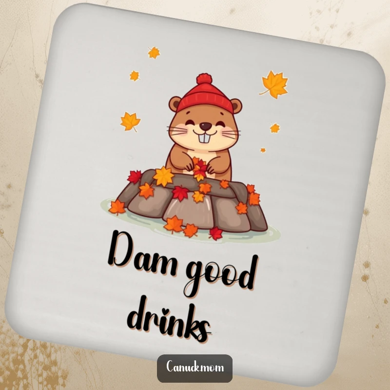 Funny beaver wearing a toque building a dam with maple leaves, protecting surfaces with humor, on coasters.