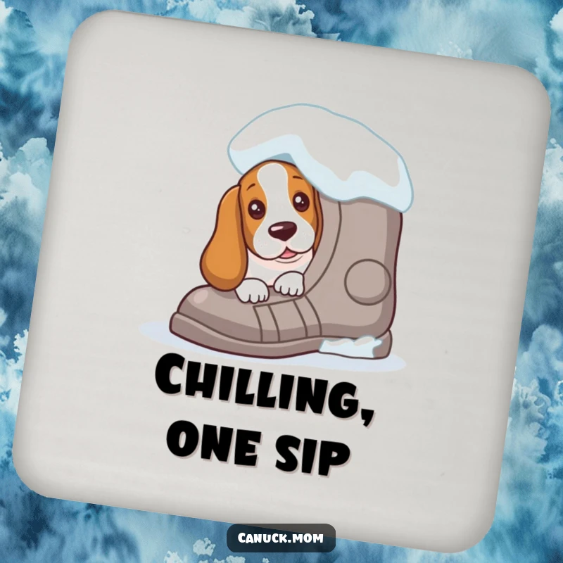 Funny Basset Hound coaster with a curious peek from behind a giant snowshoe, adding whimsical winter humor and surface protection.