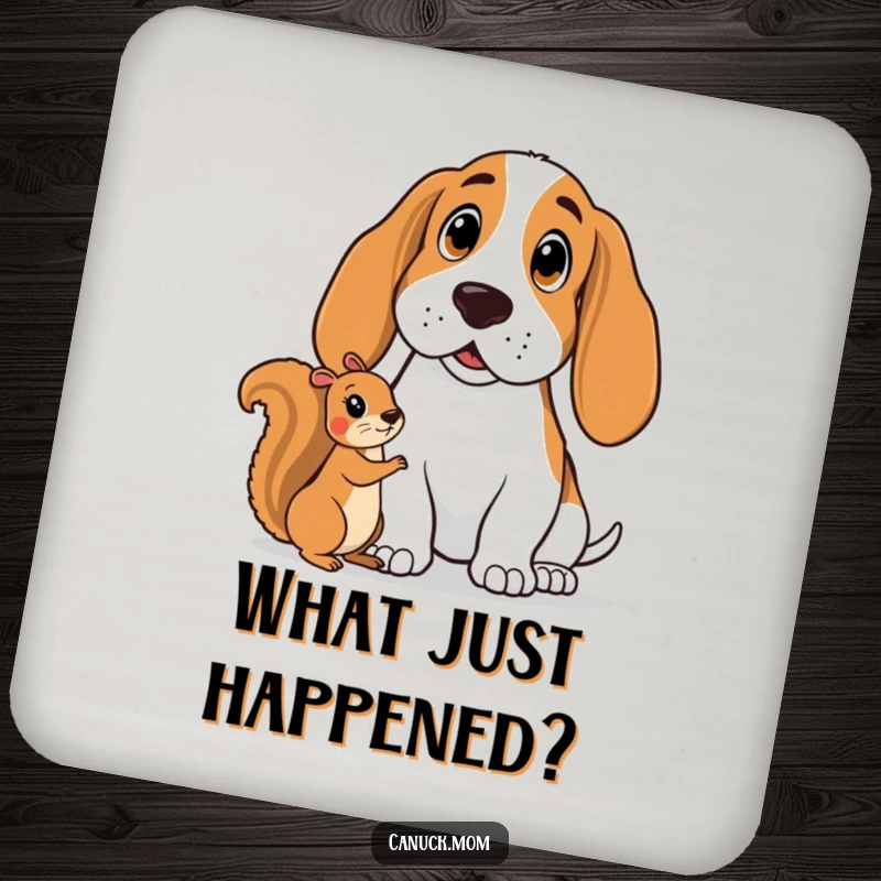 Funny Basset Hound Coaster: A surprised hound gazes at a squirrel, saving your surfaces from rings.
