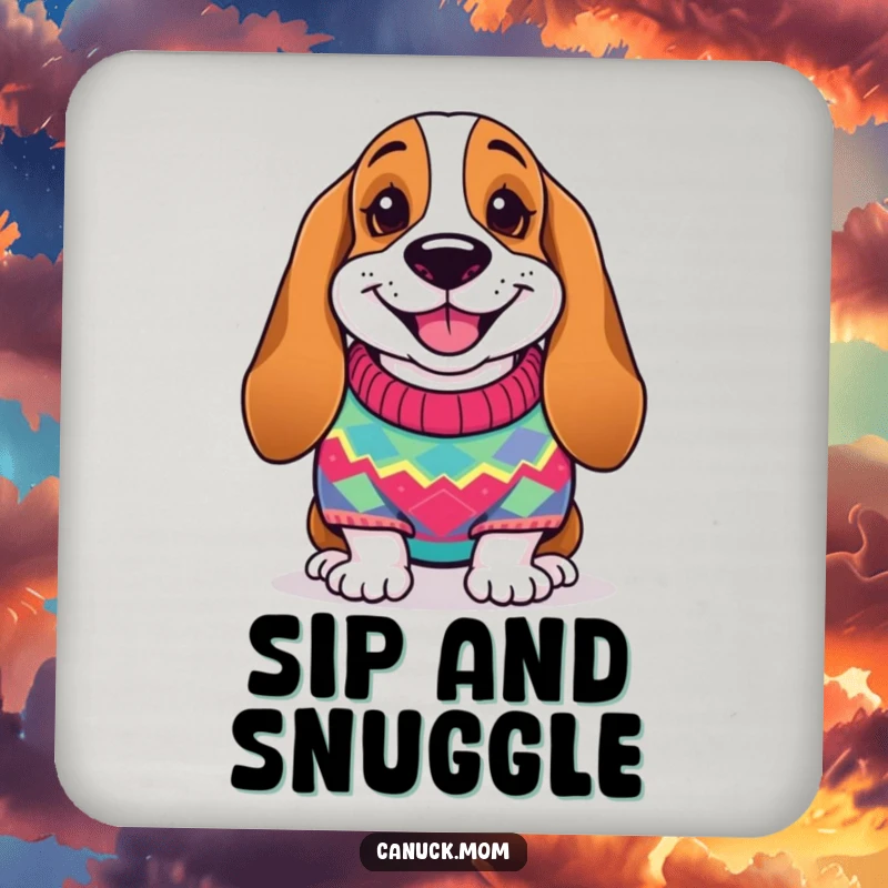 Funny Basset Hound Coaster: A smiling dog in a knitted sweater, protecting surfaces with style.