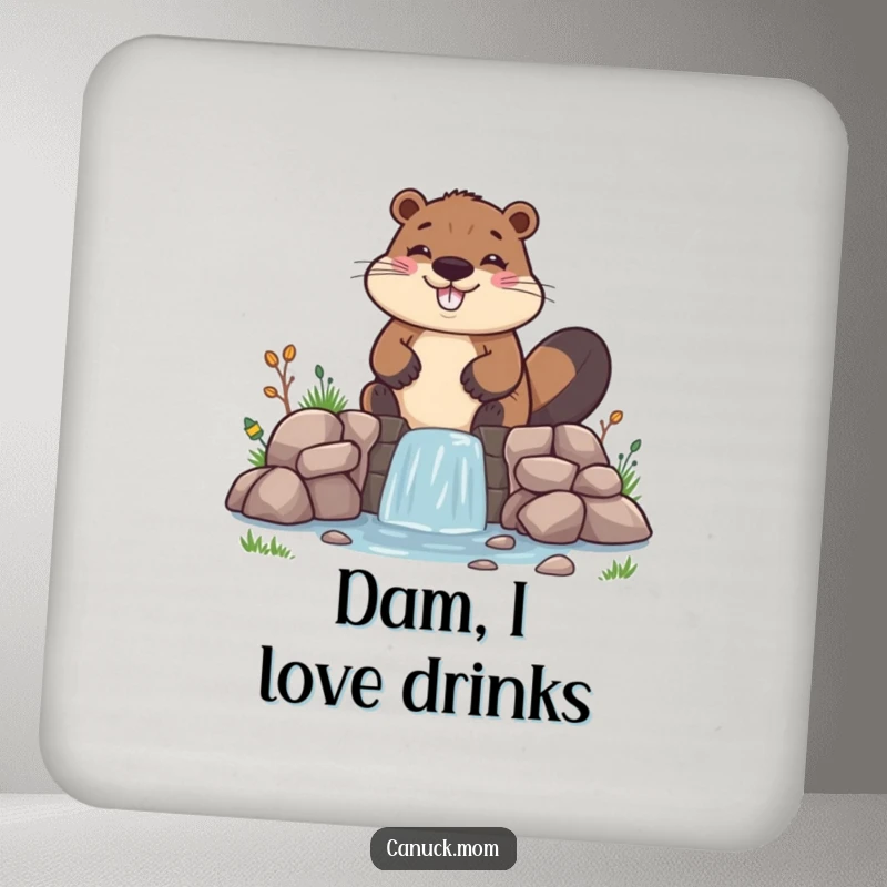 Funny Beaver Coaster, cheerfully building a wonky dam, perfect for humorous table protection.