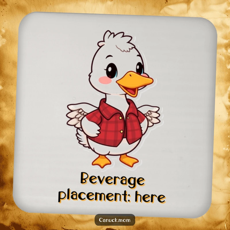 Funny Canadian Goose Coaster showing a smiling goose in a red plaid shirt, protecting surfaces with humor, a funny gift.