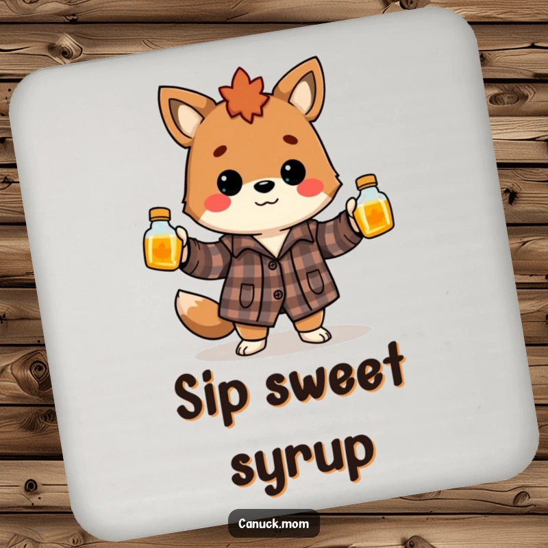 Funny Canadian animal wearing flannel shirt, juggling maple syrup bottles, a humorous and protective drink coaster.