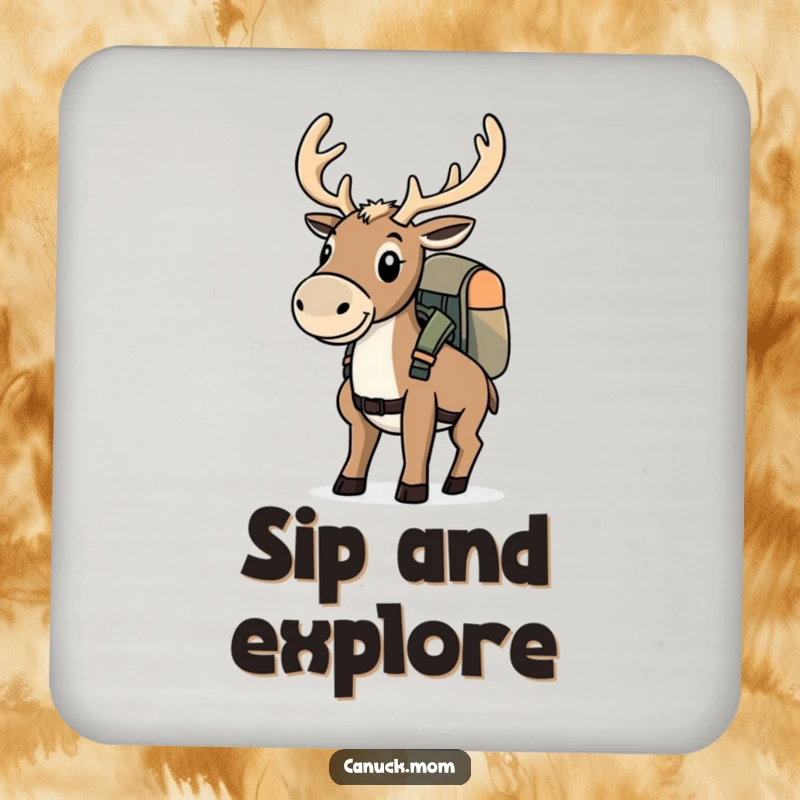Funny determined caribou with a backpack on a set of drink coasters, perfect for adventurers.