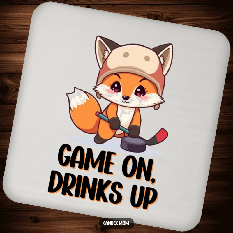 Funny fox in a trapper hat playing hockey with a puck on a drink coaster, offering practical protection with sporty humor.