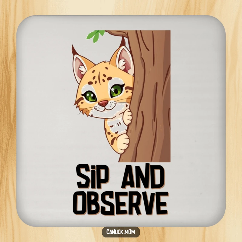 Funny Lynx Drink Coasters with a curious lynx peeking from behind a tree, perfect for humorous surface protection.