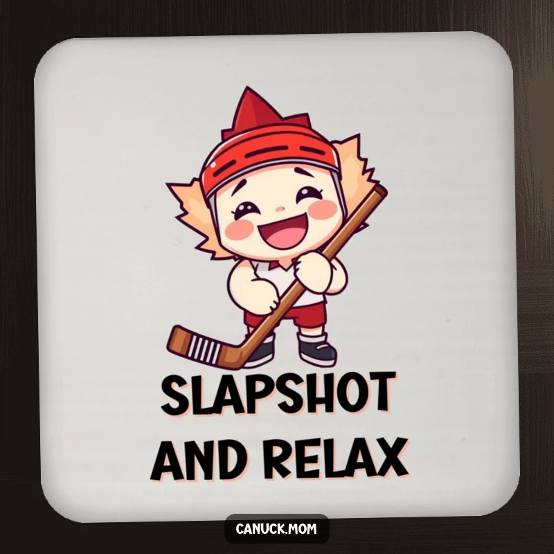 Funny maple leaf character grinning widely, holding a hockey stick, protecting surfaces with a smile.