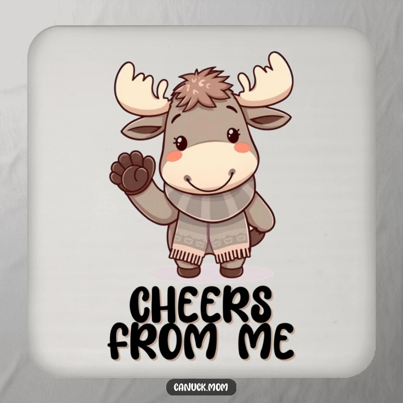 Funny moose with a knitted scarf waving, protecting surfaces with humor, on coasters.