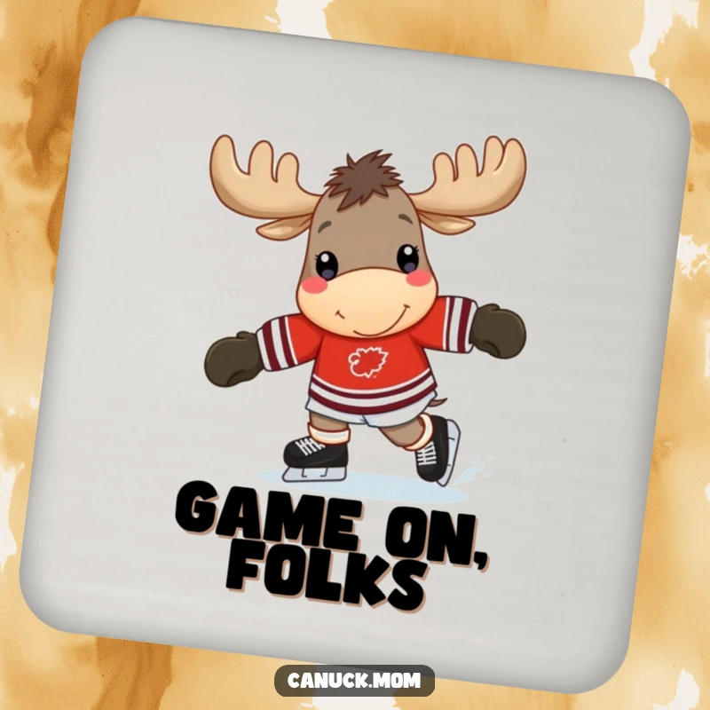 Funny moose coaster with a cheerful moose in a hockey jersey, happily skating, offering protection and humor.