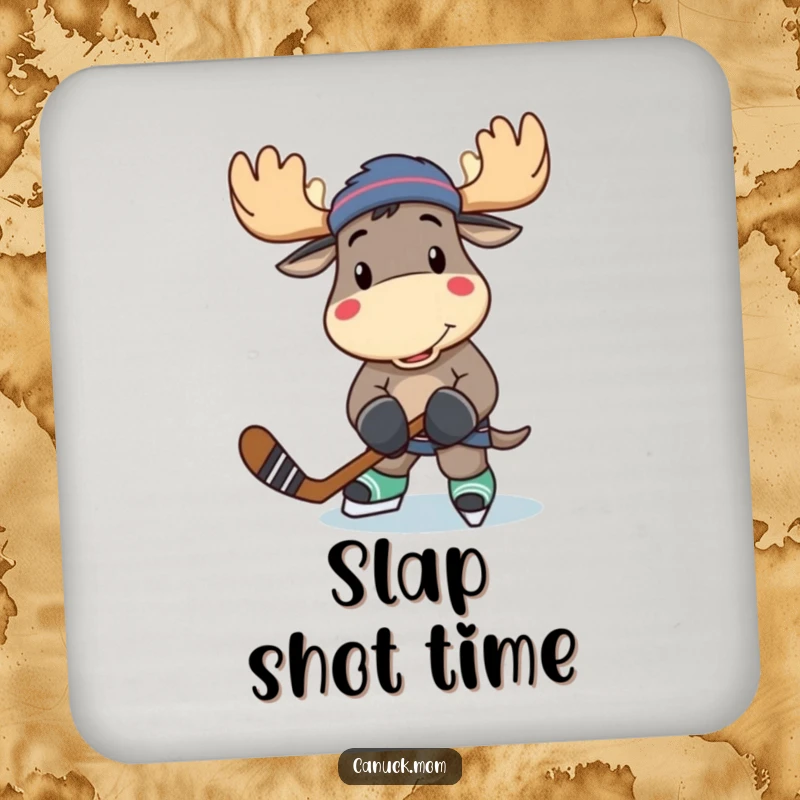 Funny moose character with a hockey stick, designed on a drink coaster for table protection and humor.