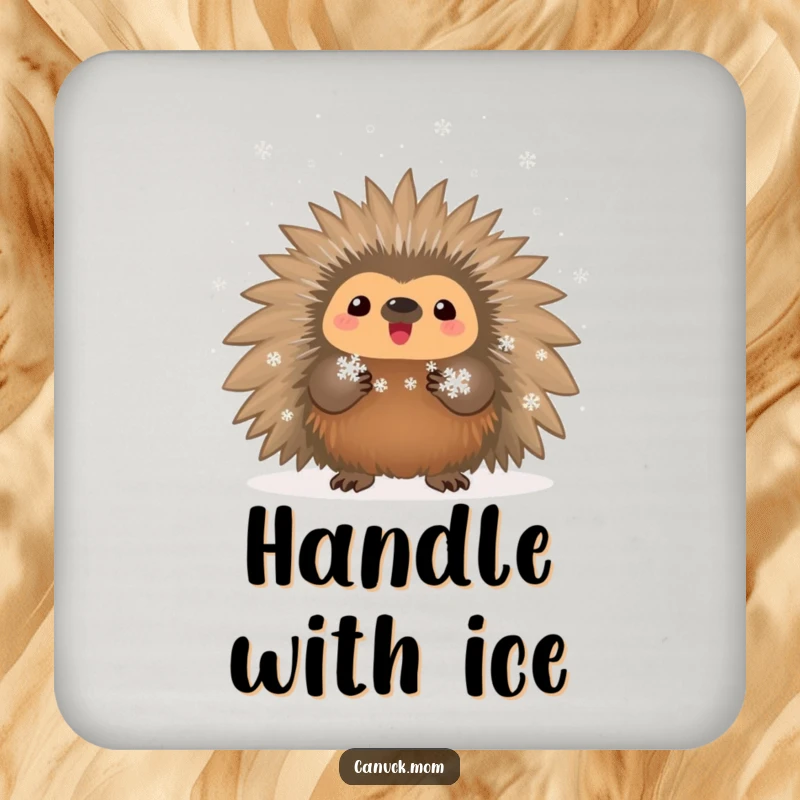 Funny proud porcupine holding tiny snowflakes on a set of drink coasters, protecting furniture.