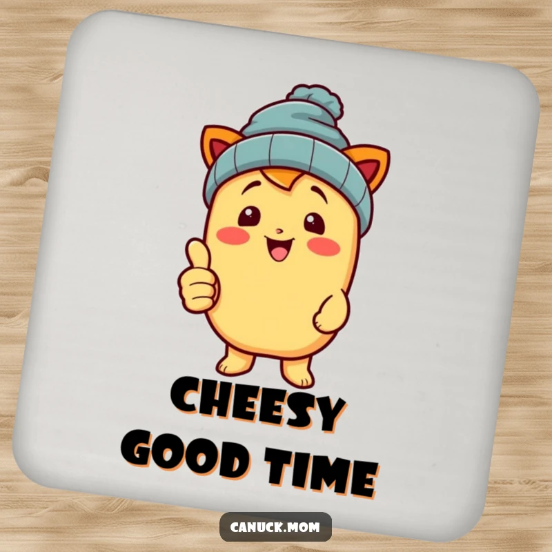 Funny poutine character in a beanie, giving a thumbs up, designed as a protective drink coaster.
