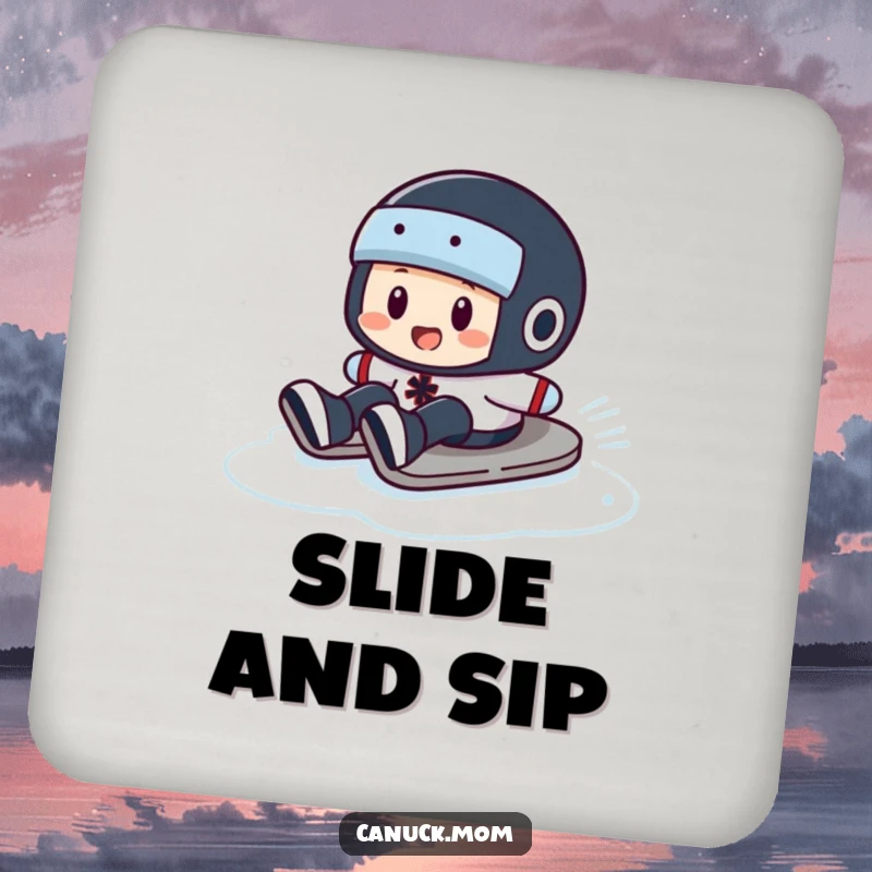 Funny Puck Slide Coaster: A decorative coaster featuring a hockey puck character comically sliding on ice, adding humor to tabletops.