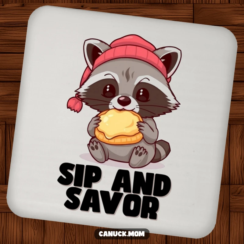 Funny raccoon wearing a beanie eating a butter tart, protective and decorative drink coaster.