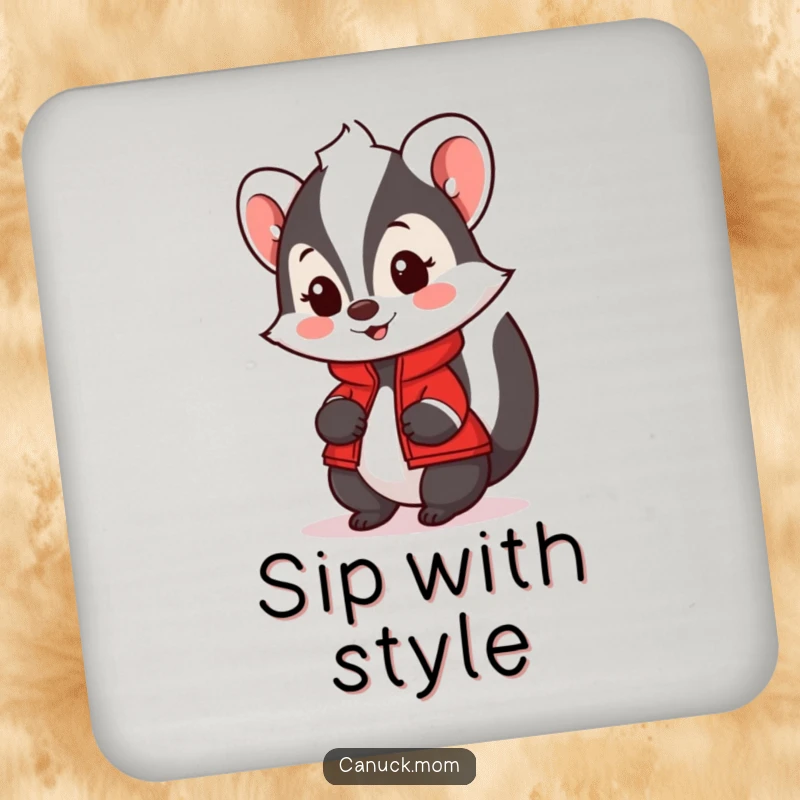 Funny Skunk Drink Coasters with a red jacket, looking friendly and fashionable, protecting surfaces with humor.