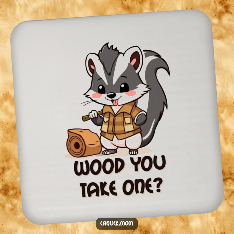 Funny skunk wearing a lumberjack shirt chopping wood, protective and decorative drink coaster.